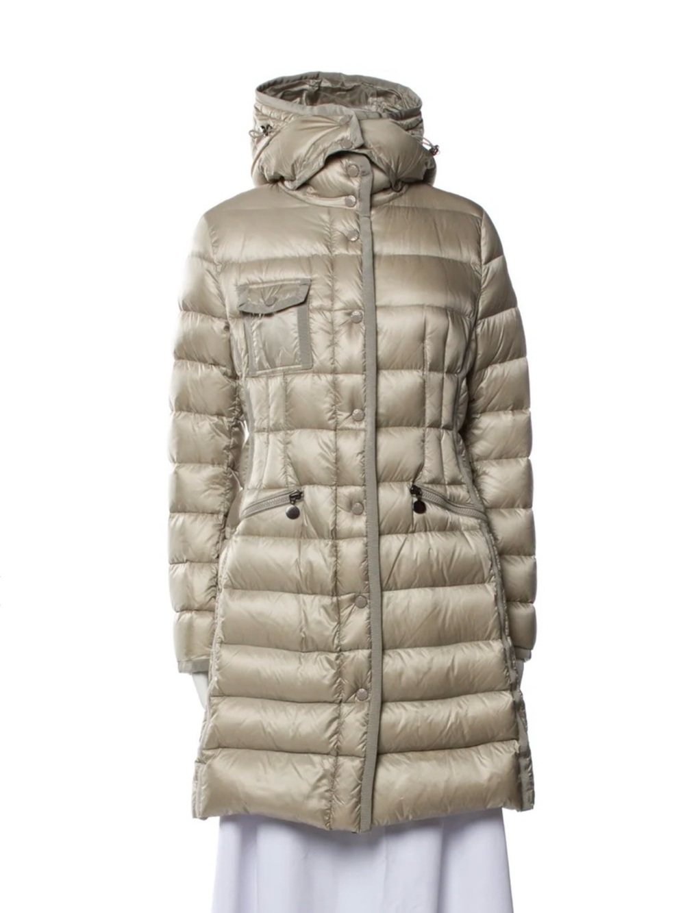 Moncler Light Beige Quilted Hooded Long Puffer Coat